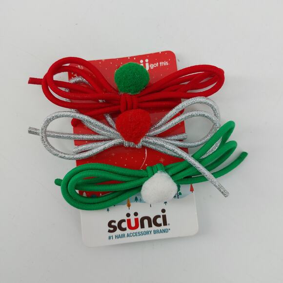 scunci Accessories - Scunci Christmas Red Silver Green Pom Pom Hair Ties Christmas Themed